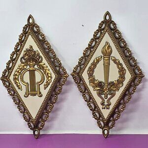 Vintage Homco Wall Plaques 7227 Dart Inc Gold & White Decorative Set‎ Of 2 USA